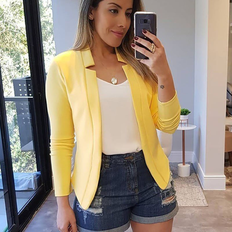Miniatura: Blazer feminino fino branco  verão outono fino ajuste manga longa ponto aberto 