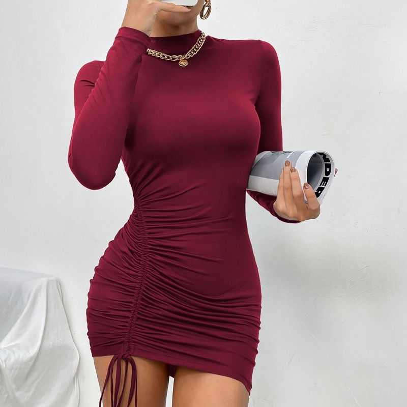 Miniatura: Vestidos feminino moda verão gola alta manga comprida plissado vestido feminino