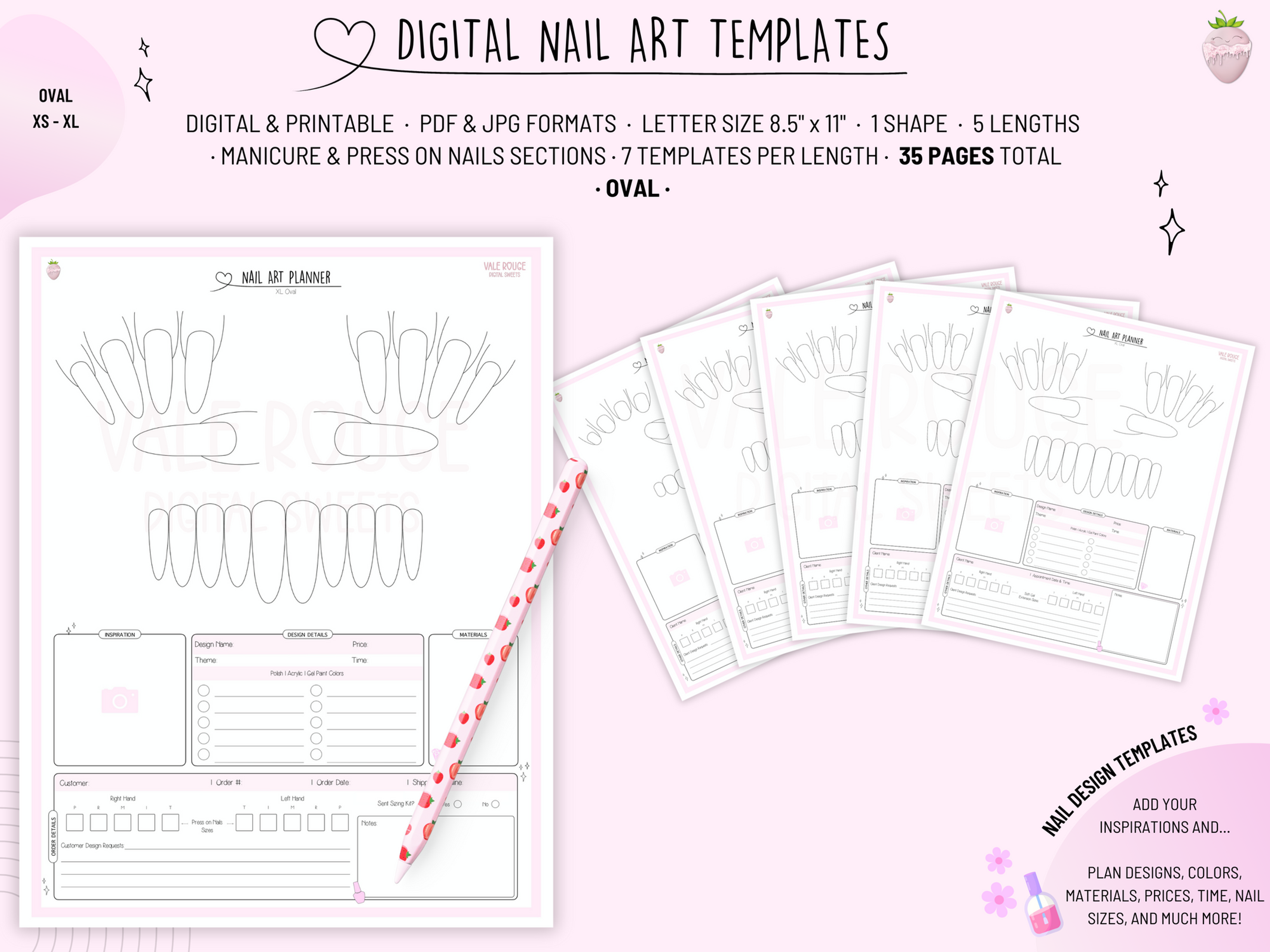 Oval Nail Art Templates with Text Boxes | 5 Lengths | English