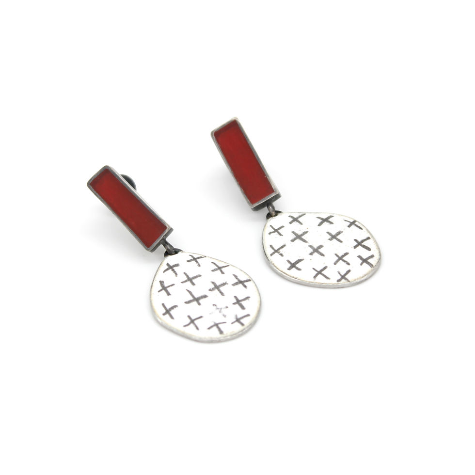 Red Box Stud with Enamel Drops