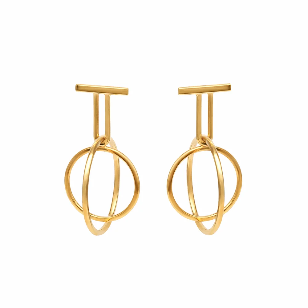 Parallel Double Circle Bar Drop Earrings, GP