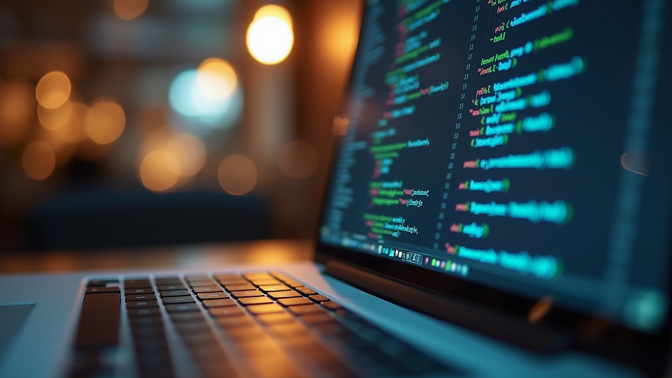 Eye-level view of a laptop with coding software open on the screen