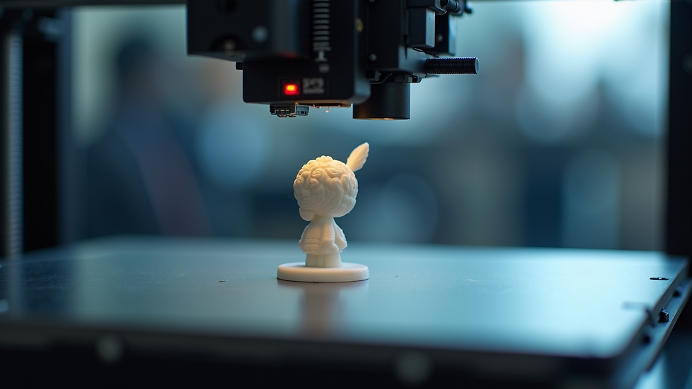 Eye-level view of a 3D printer creating a small figurine