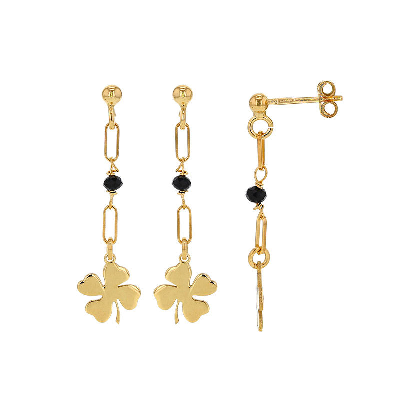 Boucles d'oreilles longues trèfle avec cristal noir - argent 925/1000 doré