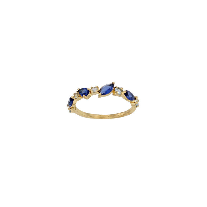 Bague oxydes bleus et blancs, taille ronde et marquise - Plaqué or