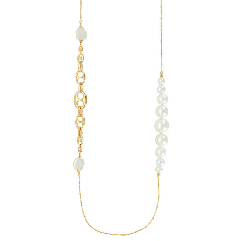 Sautoir grains de café - laiton doré perles de Majorque blanches rondes & plates