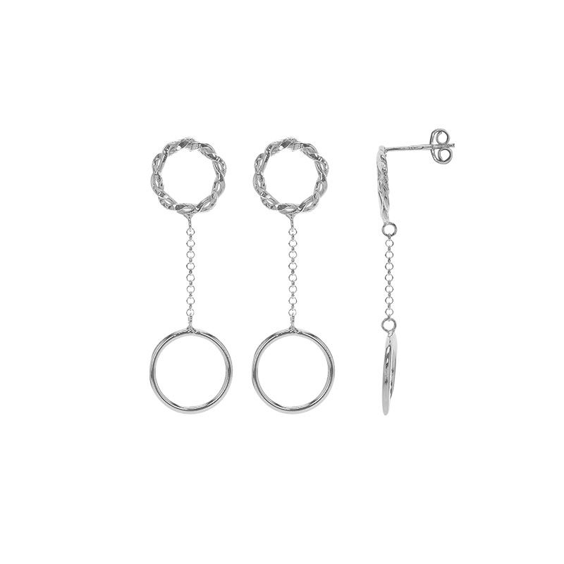 Boucles d'oreilles longues chaînes cercles torsadés et lisses - argent 925/1000