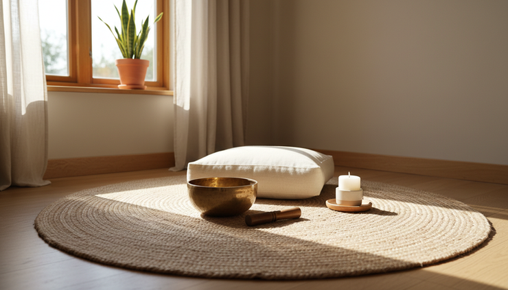 Wide-angle view of a small singing bowl and cushion in a quiet wellness space.