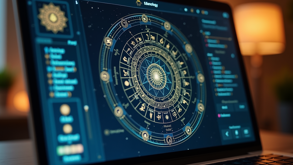 Eye-level view of a laptop displaying an astrology chart
