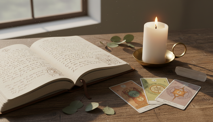 Close-up view of a journal beside a candle and tarot cards