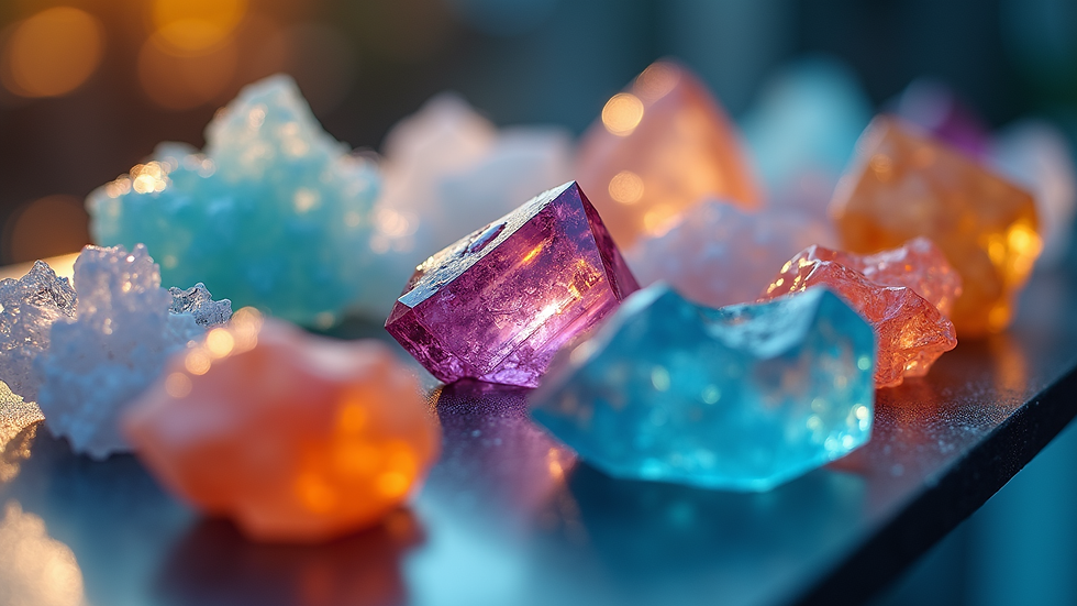 Eye-level view of a selection of colorful crystals on display