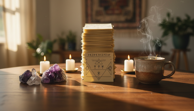 Wide-angle view of a quiet altar with numerology notes, crystals, and a cup of tea.