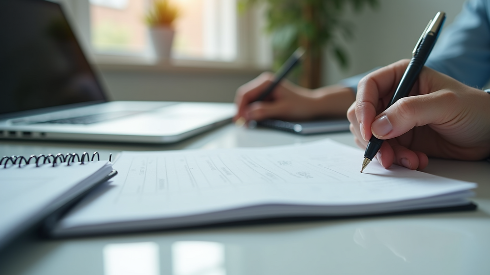Eye-level view of a professional workspace with a notebook and pen