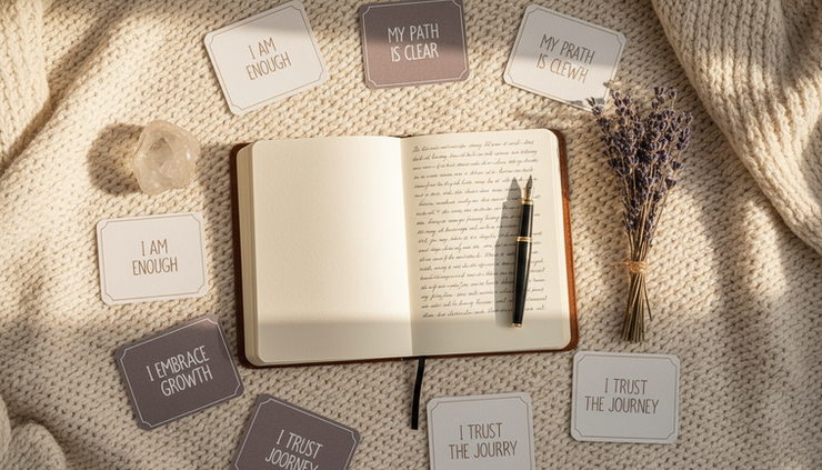 Overhead view of affirmation cards and a journal on a soft blanket