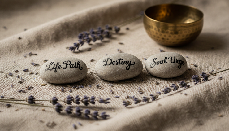 Eye-level view of three labeled stones on a linen cloth representing numerology numbers.