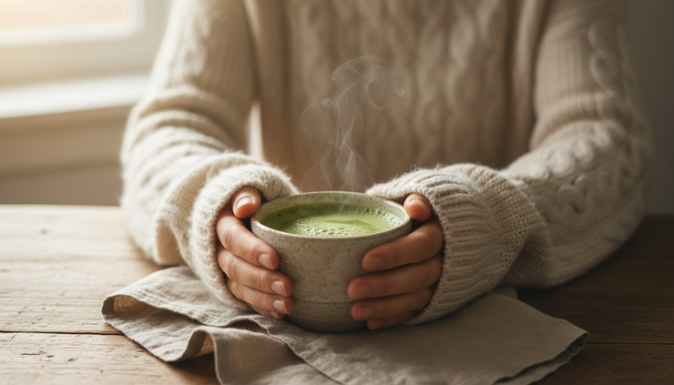 Close-up view of hands holding a warm cup of matcha