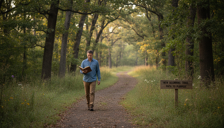 Wide-angle view of a person walking on a quiet nature path with a notebook in hand.