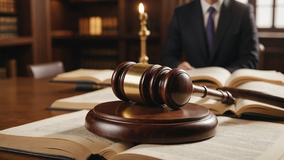 Eye-level view of a gavel placed on a legal book