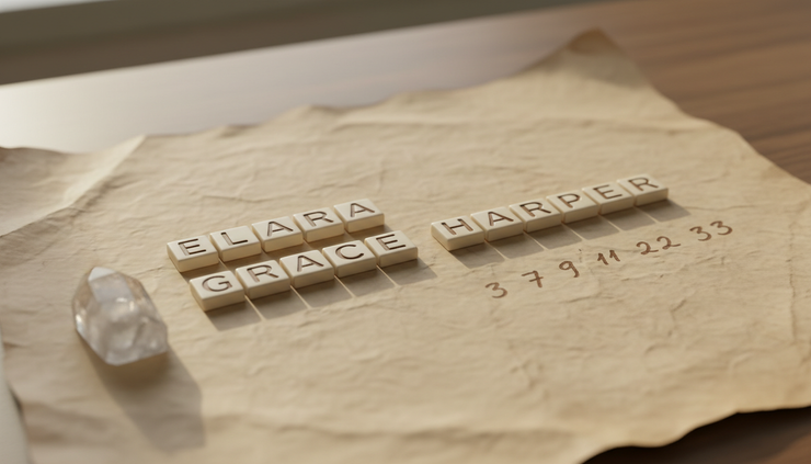 Close-up of alphabet tiles arranged beside handwritten numbers on parchment.