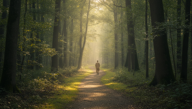 Wide-angle view of a quiet walking path through trees