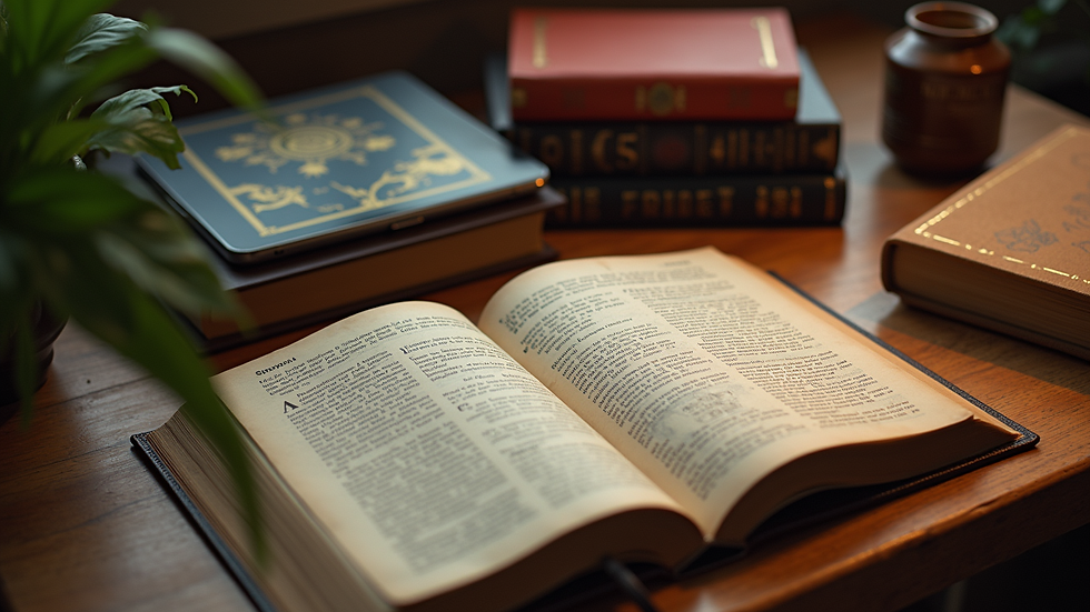 High angle view of a desk with astrology books and a tablet