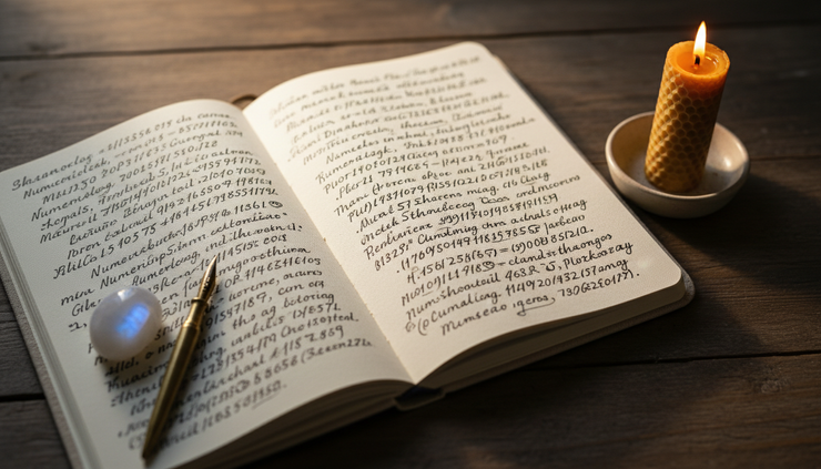 Overhead view of a notebook with numerology calculations beside a candle and moonstone.