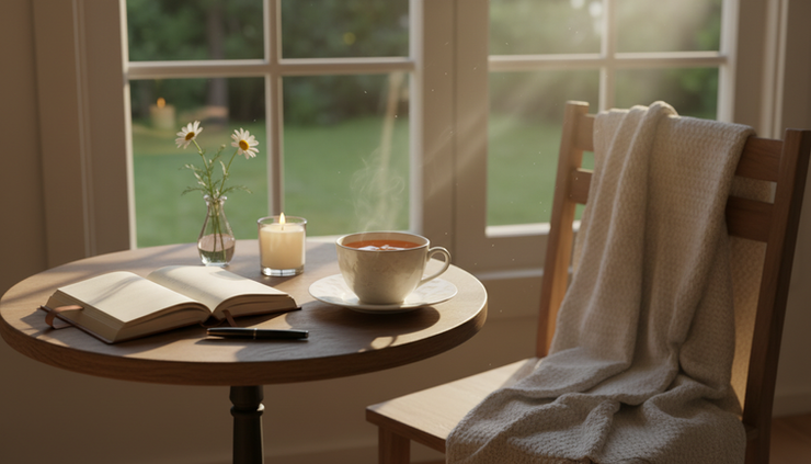 Eye-level view of a quiet tea setting near a window