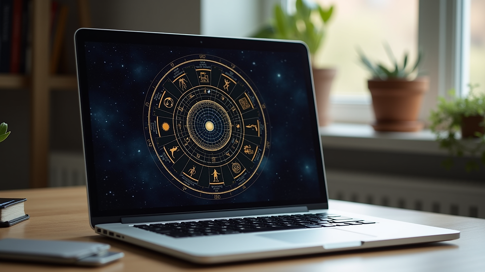 Eye-level view of a laptop displaying an astrology chart