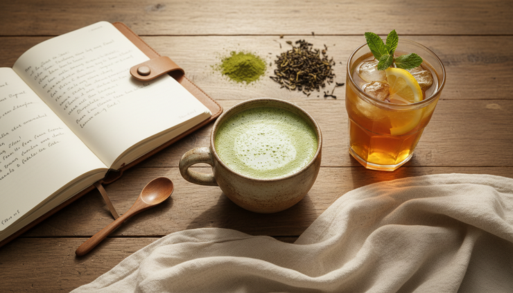 Overhead view of two prepared tea drinks beside loose tea and a journal