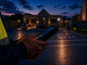 Close-up of a security guard's hands operating a handheld digital access terminal at dusk or night. The guard wears a high-visibility jacket with a security badge on the sleeve. In the background, illuminated by streetlights, is the entrance gate house of a residential estate with "STOP" painted on the asphalt road and gated security booms.