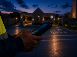 Close-up of a security guard's hands operating a handheld digital access terminal at dusk or night. The guard wears a high-visibility jacket with a security badge on the sleeve. In the background, illuminated by streetlights, is the entrance gate house of a residential estate with "STOP" painted on the asphalt road and gated security booms.