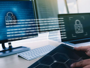 A high-resolution, professional image of a man's hands typing on a laptop. The screen displays a digital lock icon with lines of code in the background, symbolising security and technology. The text "LEADERSHIP SHAPE SECURITY TECHNOLOGY" is prominently overlaid in a large, bold font. A smaller line of text above it reads "Blog Post | SA Women in IT and Data". The lower part of the image features the logo for "ATG DIGITAL Driving Change" along with their website and phone number. The image visually represents the article's theme of women in IT and data leadership influencing technology and security.