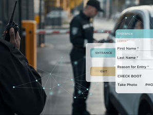 promotional graphic by ATG Digital for a feature called "RANDOM SELECT: Fair, automated security checks" features a background of two security guards processing a white car at a boom gate. On the left, text outlines the feature's benefits, which include fair and unbiased security checks, automated random inspection prompts, customisable percentage-based selection, enhanced security without slowing entry, and support for multiple inspection types. On the right, a digital app interface overlay shows an "Entrance" form with fields for Licence, First Name, Last Name, and Reason for Entry, along with a prompt to "CHECK BOOT" and an option to "Take Photo." The bottom of the image displays the ATG Digital logo with the tagline "Driving Change," the website www.atgdigital.biz, and the phone number 010 500 8611, all stylized over a faint digital network graphic in the background.