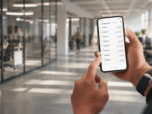 A close-up of a person holding a smartphone in a modern, open-plan office. The phone screen displays a digital register app titled 'On Site Now,' which shows a real-time list of names and details of people currently on the premises.