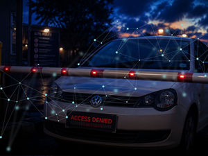 A car denied entry at an automated security boom gate overlayed with a digital network graphic representing ATG Digital's automated access monitoring.