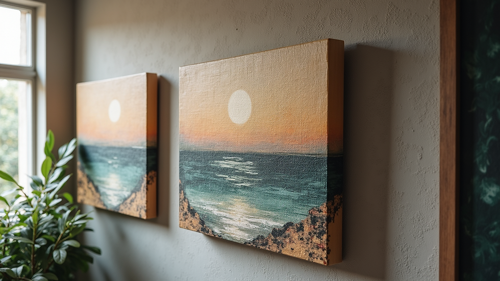 Eye-level view of textured oleograph painting on display