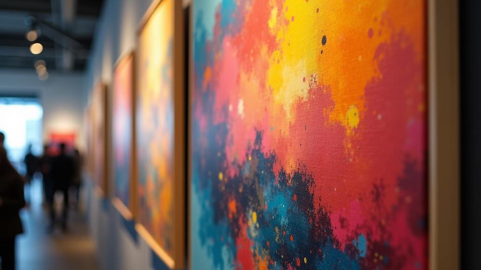 Close-up view of a vibrant abstract painting displayed at an art fair