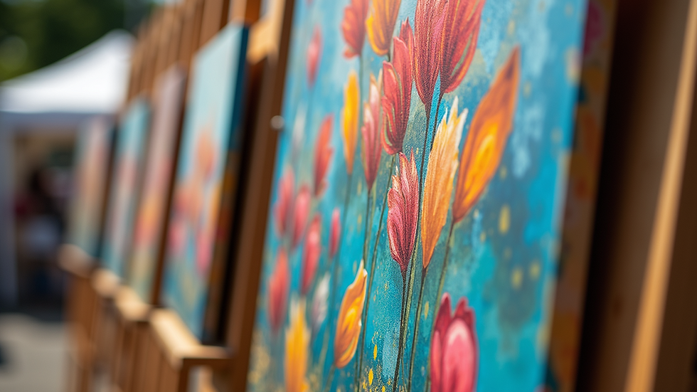 Eye-level view of colorful paintings displayed at an outdoor art fair