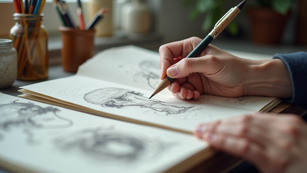 Close-up view of artist’s portfolio with sketches and paintings