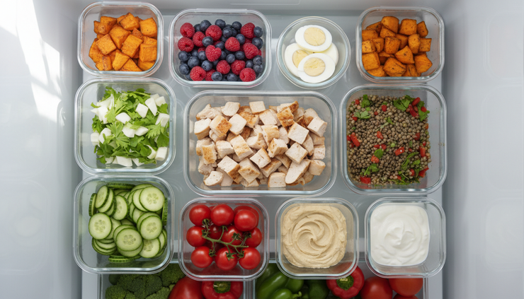 Overhead view of a fridge shelf stocked with simple meal ingredients in clear containers