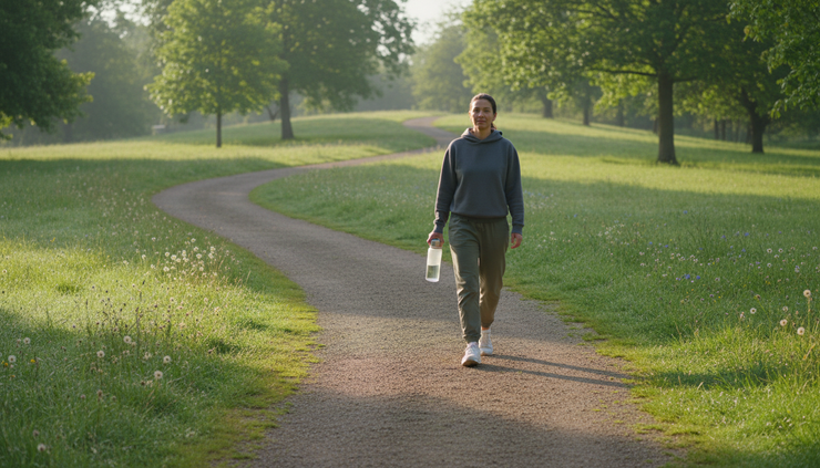 Wide-angle view of a person walking along a quiet park path with a water bottle