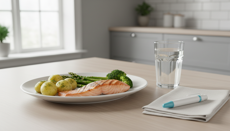 Eye-level view of a kitchen table with a balanced meal and an unbranded medicine pen nearby