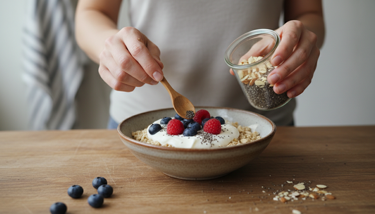 Close-up of hands preparing oats with yoghurt, berries and seeds in a ceramic bowl