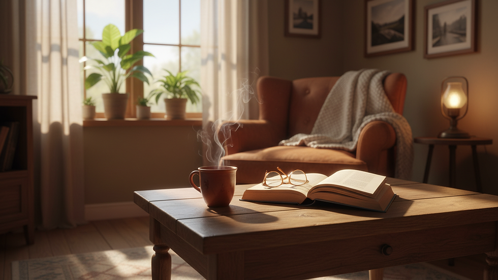 Eye-level view of a cozy corner with a cup of tea and a book on a wooden table