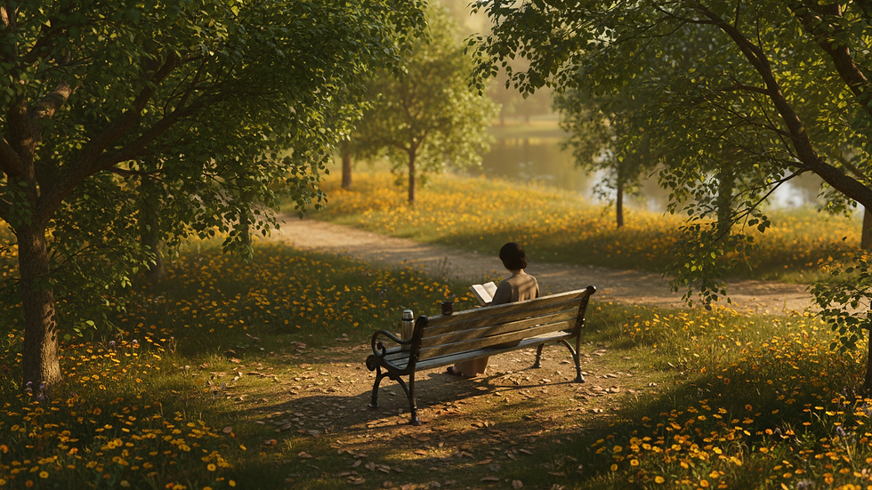 High angle view of a peaceful park bench surrounded by green trees