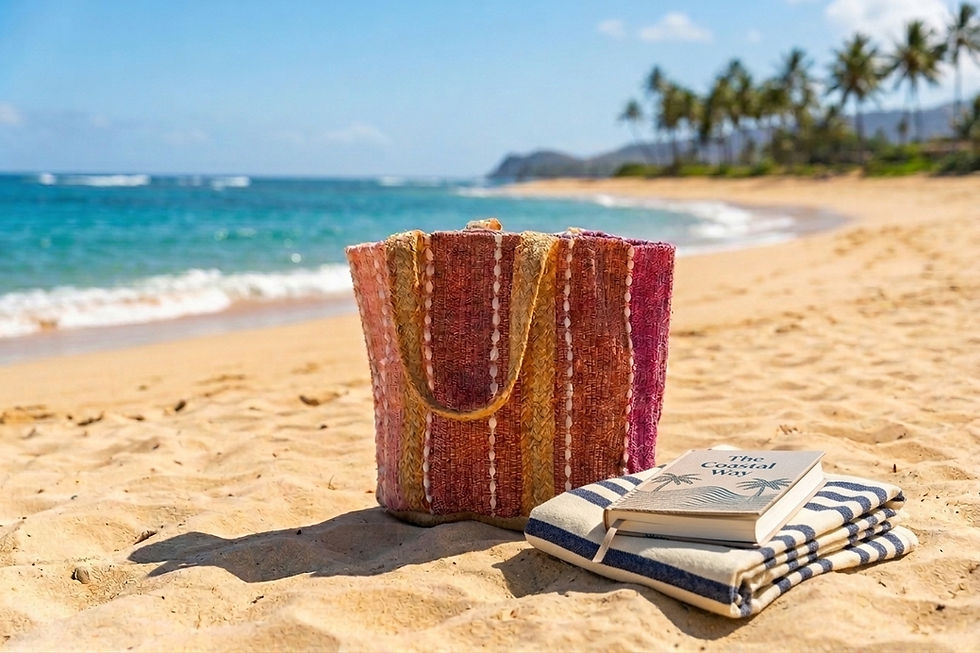 Woven beach bag and book on a tropical sandy shore