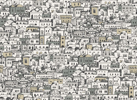 Hand-drawn illustration of a dense cityscape, featuring white buildings with gray and gold accents, suggesting a Mediterranean or Middle Eastern setting
