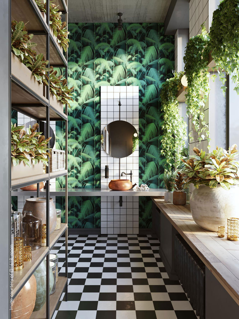 Bathroom with tropical wallpaper, black and white checkered floor, and a copper sink