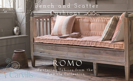 Bench and Scatter Cushions: Romo, featuring fabrics from the Kemble Collection by Carvills Furnishings
