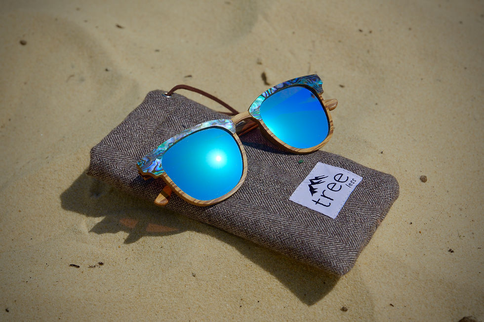 Blue lens sunglasses on a grey Tree Tribe pouch in sand